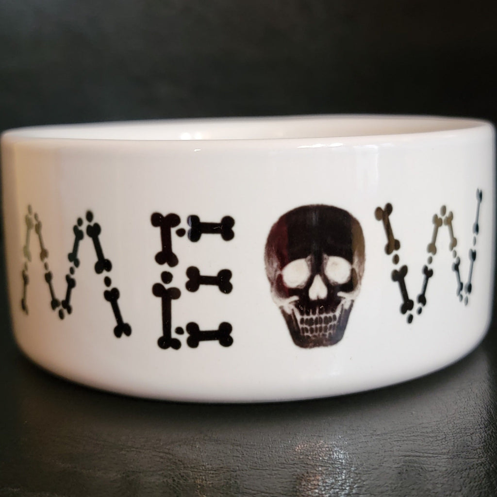 Pet Bowls, Feeders & Waterers, Barkothica, cats, gothic home decor, gothic decor, goth decor, Skull & Bones Meow Cat Bowl, darkothica