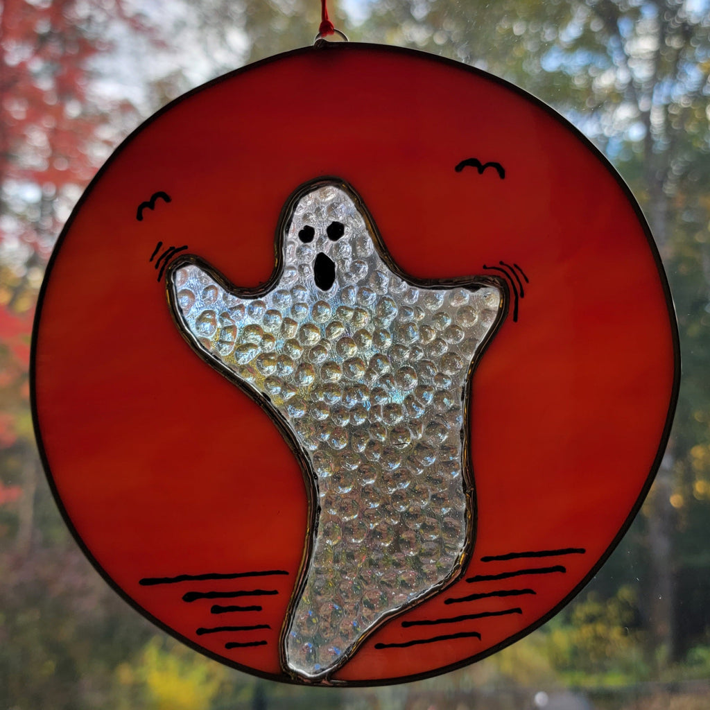 Ornament, ghost, Halloween, RETAILONLY, stained glass, gothic home decor, gothic decor, goth decor, Glass Harvest Full Moon Ghost Window Decor, darkothica