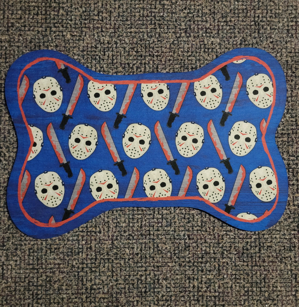 Dog Supplies, Barkothica, dogs, horror, gothic home decor, gothic decor, goth decor, Jason Dog Mat - Blue Bone Shaped, darkothica