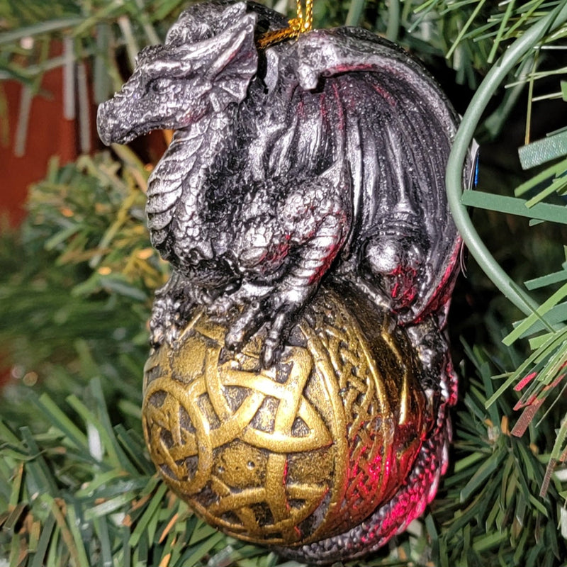 Ornament, Dragons, RETAILONLY, gothic home decor, gothic decor, goth decor, Crouched Dragon Pentagram Ball Ornament, darkothica