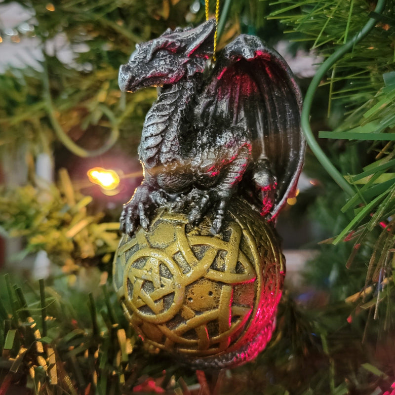 Ornament, Dragons, RETAILONLY, gothic home decor, gothic decor, goth decor, Crouched Dragon Pentagram Ball Ornament, darkothica