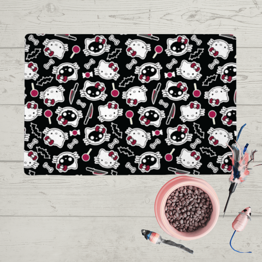 Pet Bowl Mats, Barkothica, cats, gothic home decor, gothic decor, goth decor, Hello KILLy Food Mat - Black, darkothica