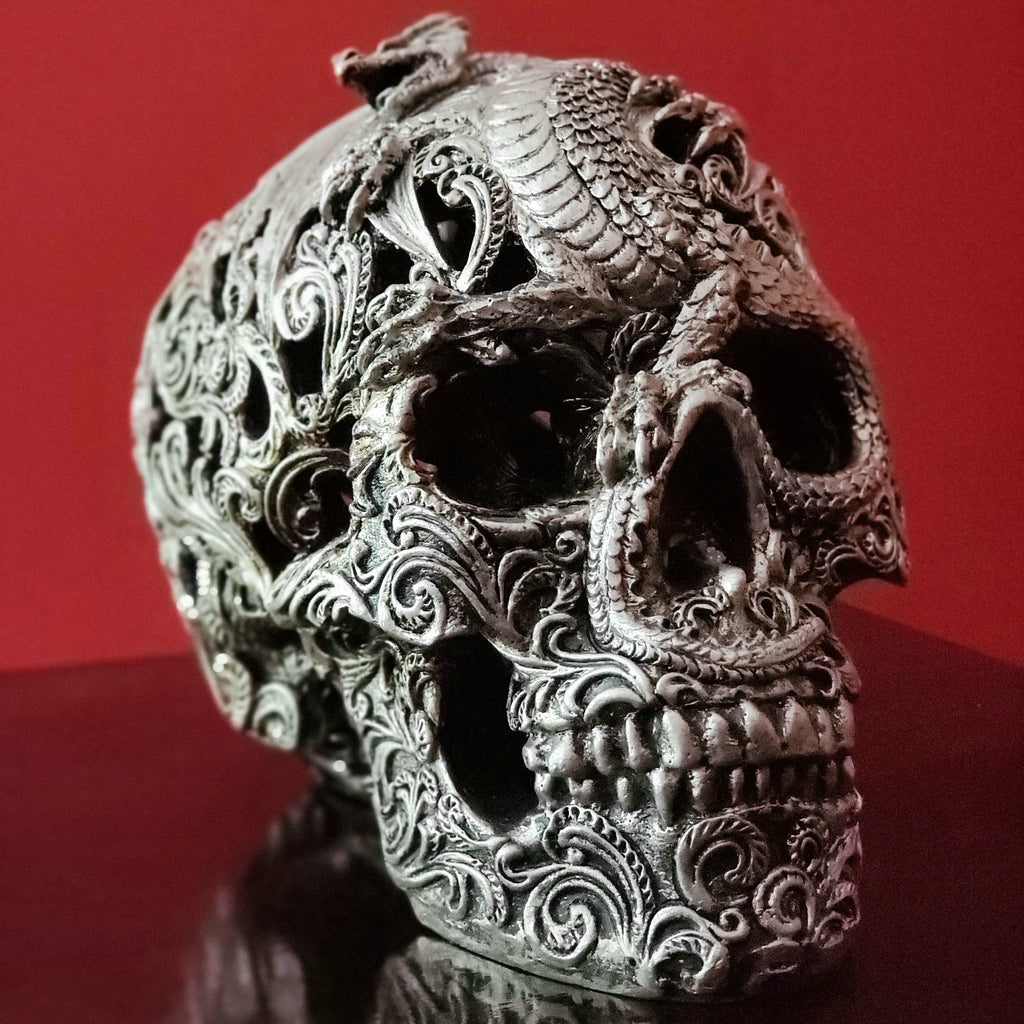 Tabletop & Statuary, RETAILONLY, Skulls/Skeletons, gothic home decor, gothic decor, goth decor, Silver Dragon Skull, darkothica