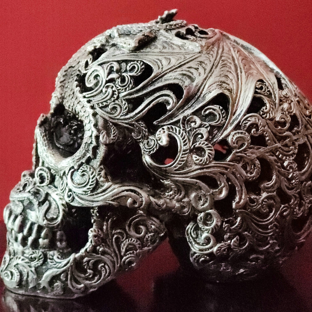 Tabletop & Statuary, RETAILONLY, Skulls/Skeletons, gothic home decor, gothic decor, goth decor, Silver Dragon Skull, darkothica