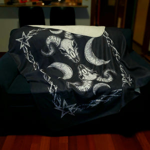 bedding, bedding, Occult, Skulls/Skeletons, gothic home decor, gothic decor, goth decor, Goat Skull Fleece Sherpa Blanket, darkothica