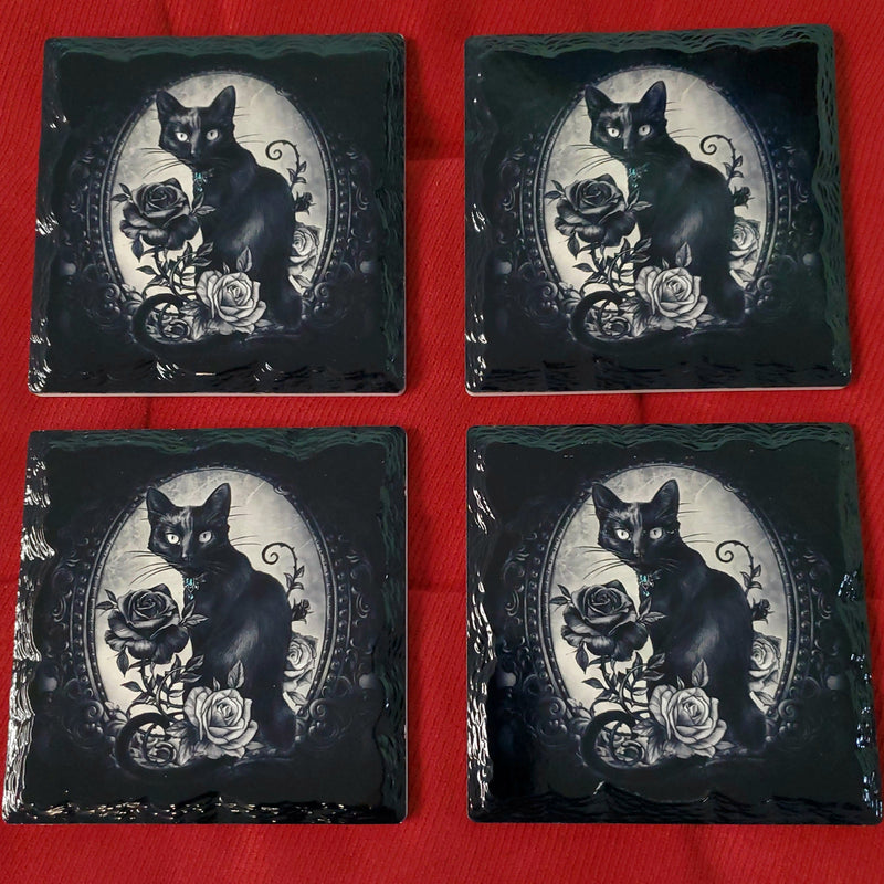 gothic home decor - gothic decor -  Cat & Rose Coasters - High Quality Tabletop & Statuary from DARKOTHICA® Shop now at DARKOTHICA®RETAILONLY