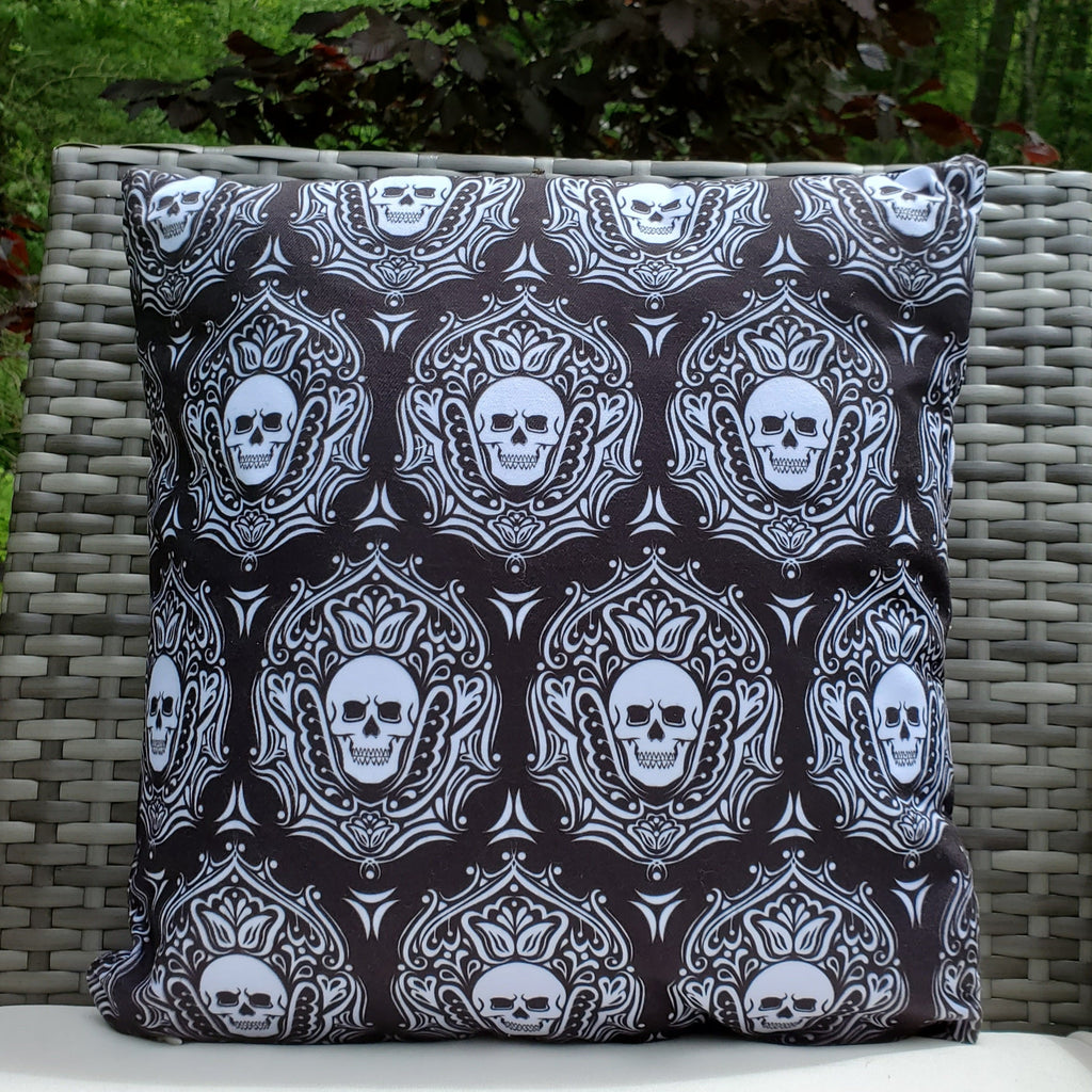 Pillow, bedding, Skulls/Skeletons, gothic home decor, gothic decor, goth decor, Outdoor Skull Pillow-Black & White, darkothica