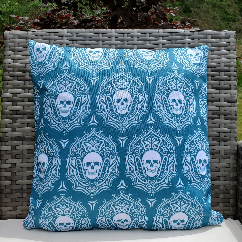 Pillow, bedding, Skulls/Skeletons, gothic home decor, gothic decor, goth decor, Outdoor Skull Pillow-Blue, darkothica