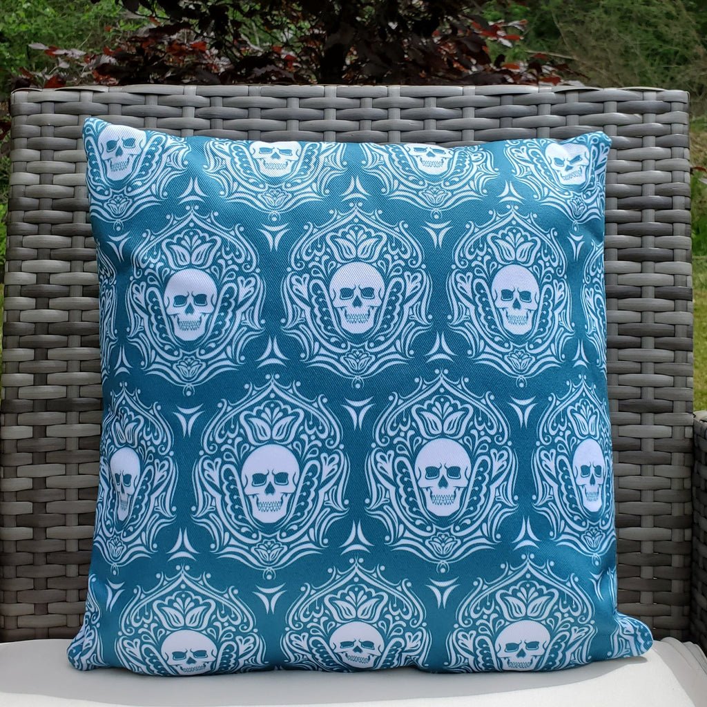 Pillow, bedding, Skulls/Skeletons, gothic home decor, gothic decor, goth decor, Outdoor Skull Pillow-Blue, darkothica