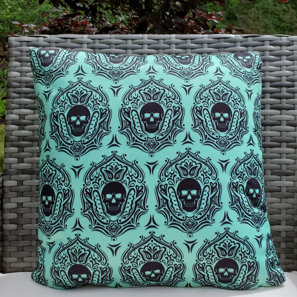 Pillow, bedding, Skulls/Skeletons, gothic home decor, gothic decor, goth decor, Outdoor Skull Pillow-Aqua, darkothica