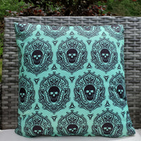 Pillow, bedding, Skulls/Skeletons, gothic home decor, gothic decor, goth decor, Outdoor Skull Pillow-Aqua-16" x 16", darkothica