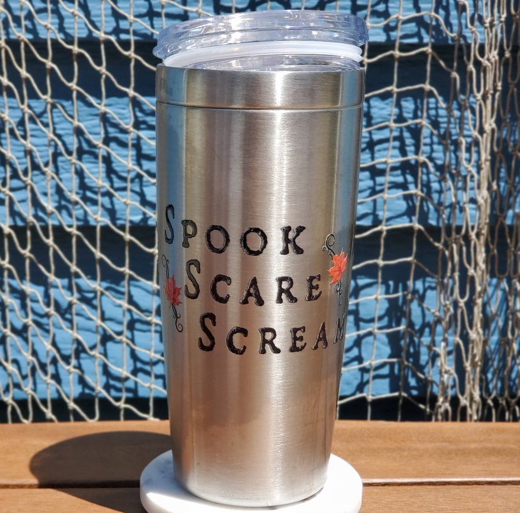 coffee mug, Horror, gothic home decor, gothic decor, goth decor, Spook Scare Scream Tumbler-Silver, darkothica