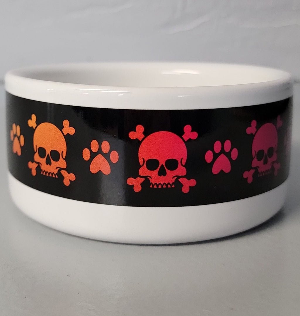 Pet Bowls, Feeders & Waterers, Barkothica, cats, dogs, gothic home decor, gothic decor, goth decor, Rainbow Skull & Crossbones Bowl-Black Background, darkothica