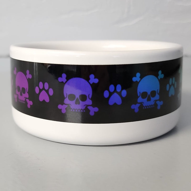 Pet Bowls, Feeders & Waterers, Barkothica, cats, dogs, gothic home decor, gothic decor, goth decor, Rainbow Skull & Crossbones Bowl-Black Background-9 oz. cat bowl, darkothica