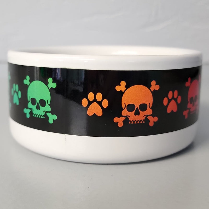 Pet Bowls, Feeders & Waterers, Barkothica, cats, dogs, gothic home decor, gothic decor, goth decor, Rainbow Skull & Crossbones Bowl-Black Background-9 oz. cat bowl, darkothica