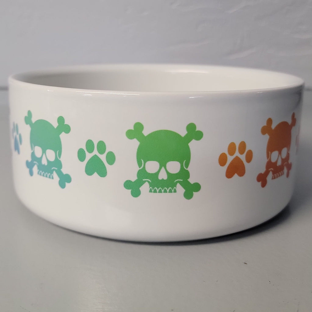 Pet Bowls, Feeders & Waterers, Barkothica, cats, dogs, gothic home decor, gothic decor, goth decor, Rainbow Skull & Crossbones Bowl - White Background, darkothica