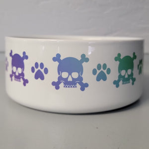 Pet Bowls, Feeders & Waterers, Barkothica, cats, dogs, gothic home decor, gothic decor, goth decor, Rainbow Skull & Crossbones Bowl - White Background, darkothica