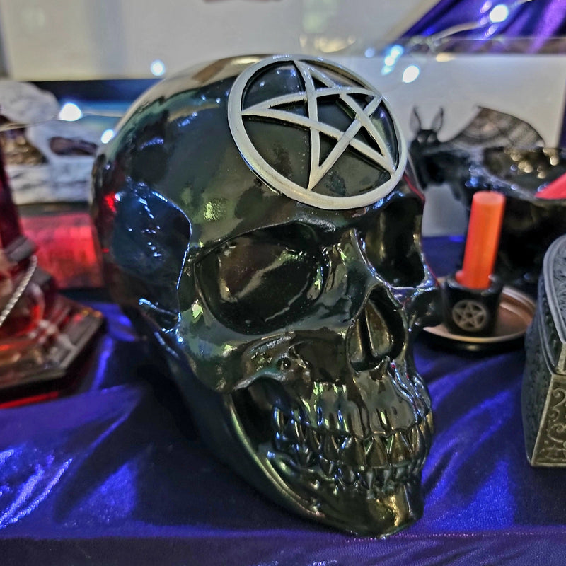 Tabletop & Statuary, Occult, RETAILONLY, Skulls/Skeletons, Wiccan, gothic home decor, gothic decor, goth decor, Pentacle Skull, darkothica