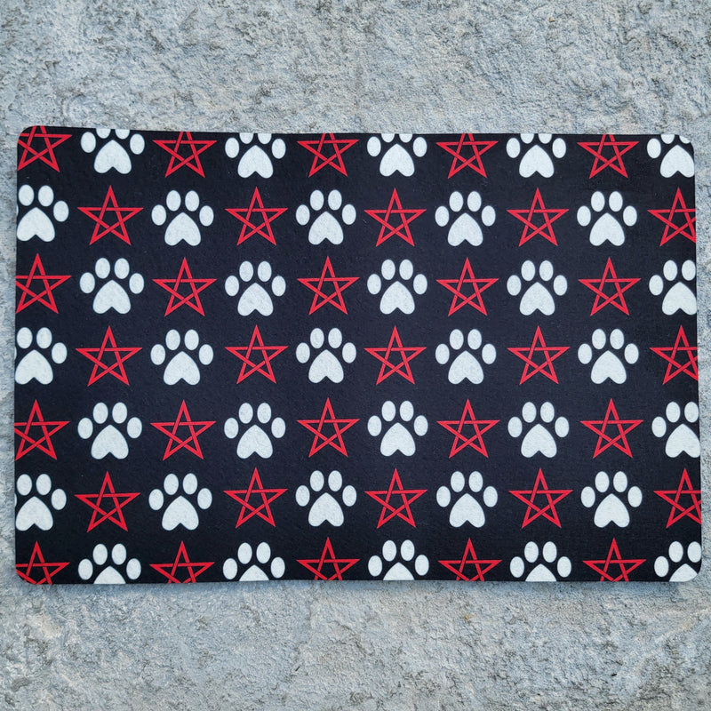 Pet Bowl Mats, Barkothica, cats, gothic home decor, gothic decor, goth decor, Pentagram & Paw Food Mat - Red, darkothica