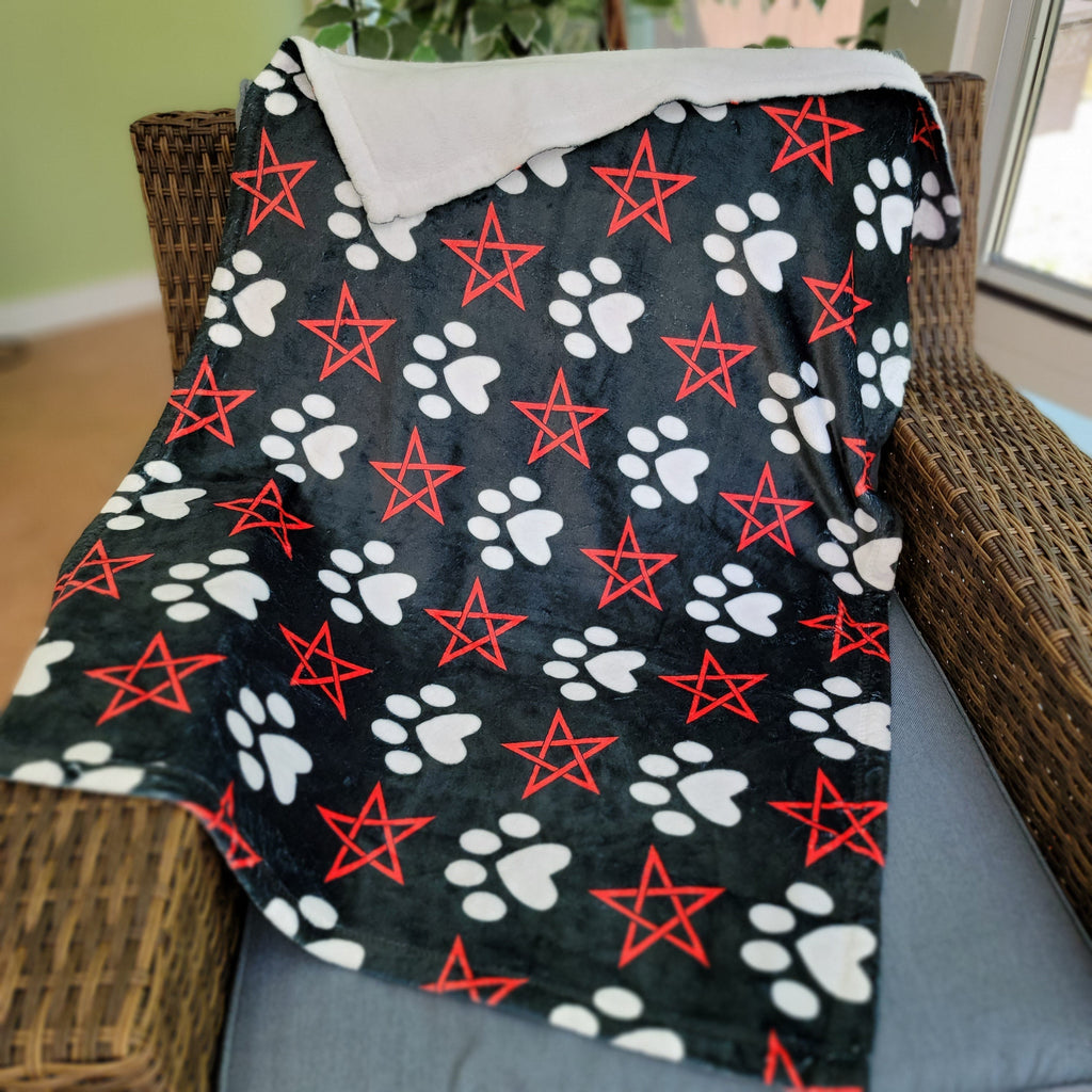 bedding, Barkothica, cats, Occult, gothic home decor, gothic decor, goth decor, Pentagram & Paw Minky Blanket - Red, darkothica