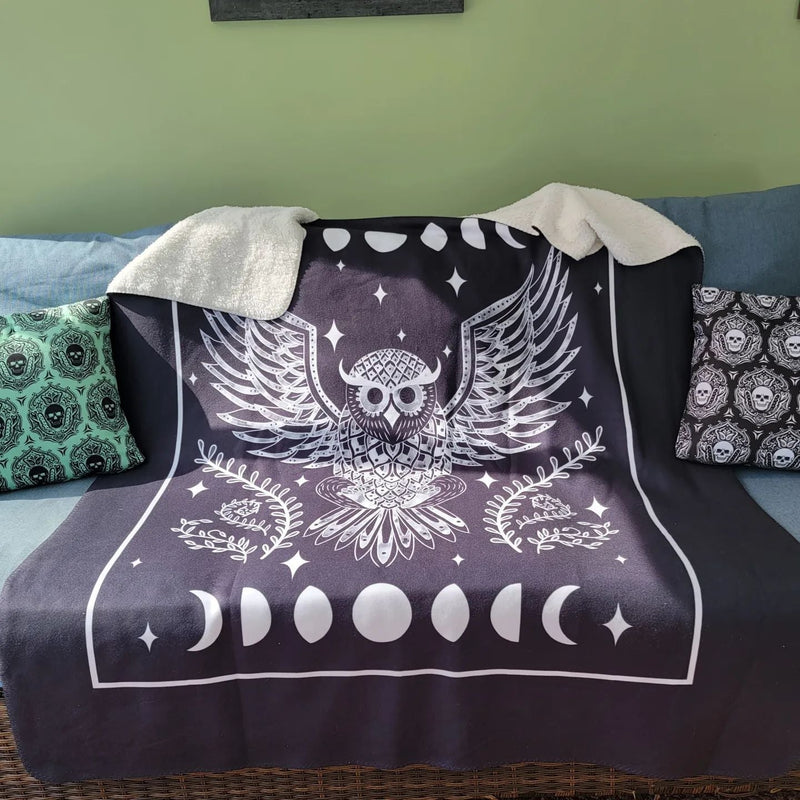 bedding, bedding, faire, gothic home decor, gothic decor, goth decor, Celestial Owl Fleece Sherpa Blanket, darkothica