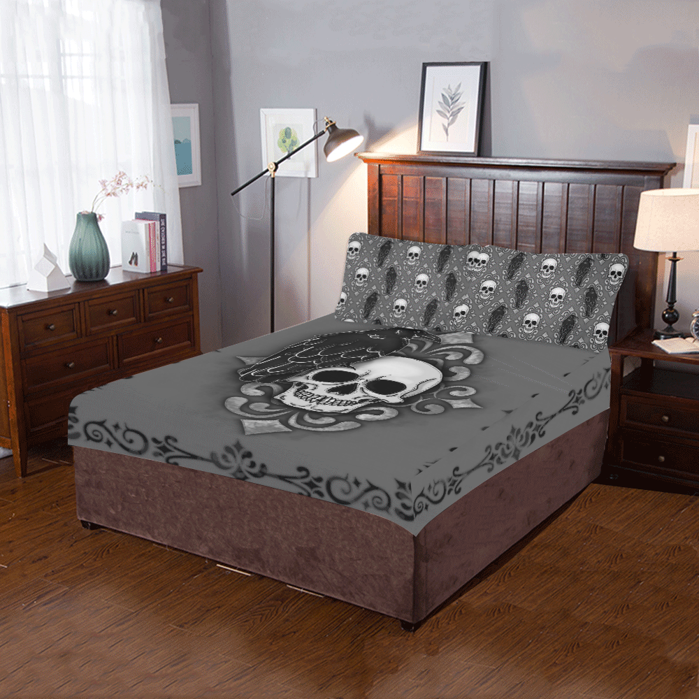 bedding, bedding, Skulls/Skeletons, gothic home decor, gothic decor, goth decor, Crow & Skull Duvet & Pillow Shams, darkothica