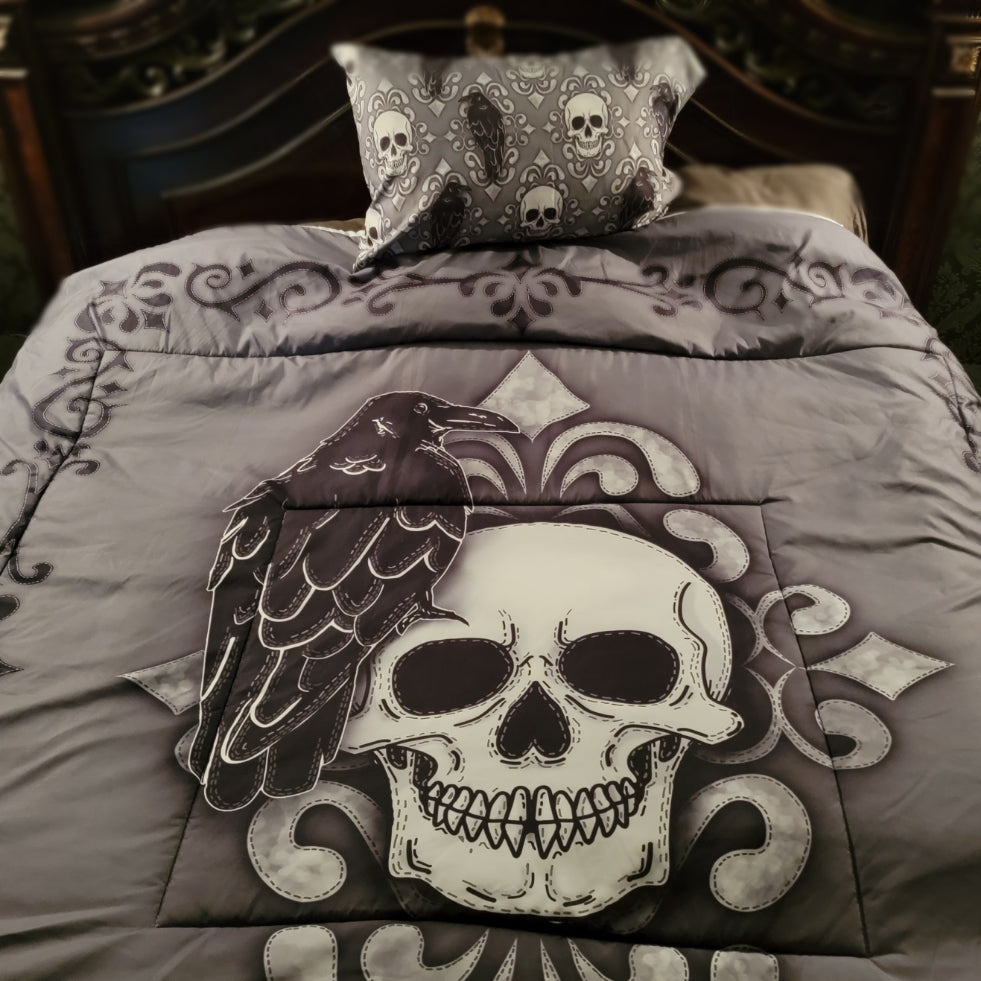 Bedding, bedding, Skulls/Skeletons, gothic home decor, gothic decor, goth decor, Crow & Skull Comforter, darkothica