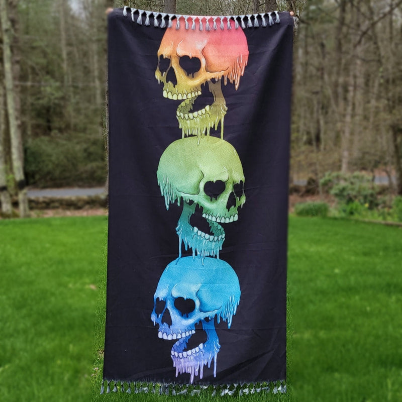 gothic home decor, gothic decor, goth decor, Large Rainbow Melting Skulls Beach Cloth, darkothica