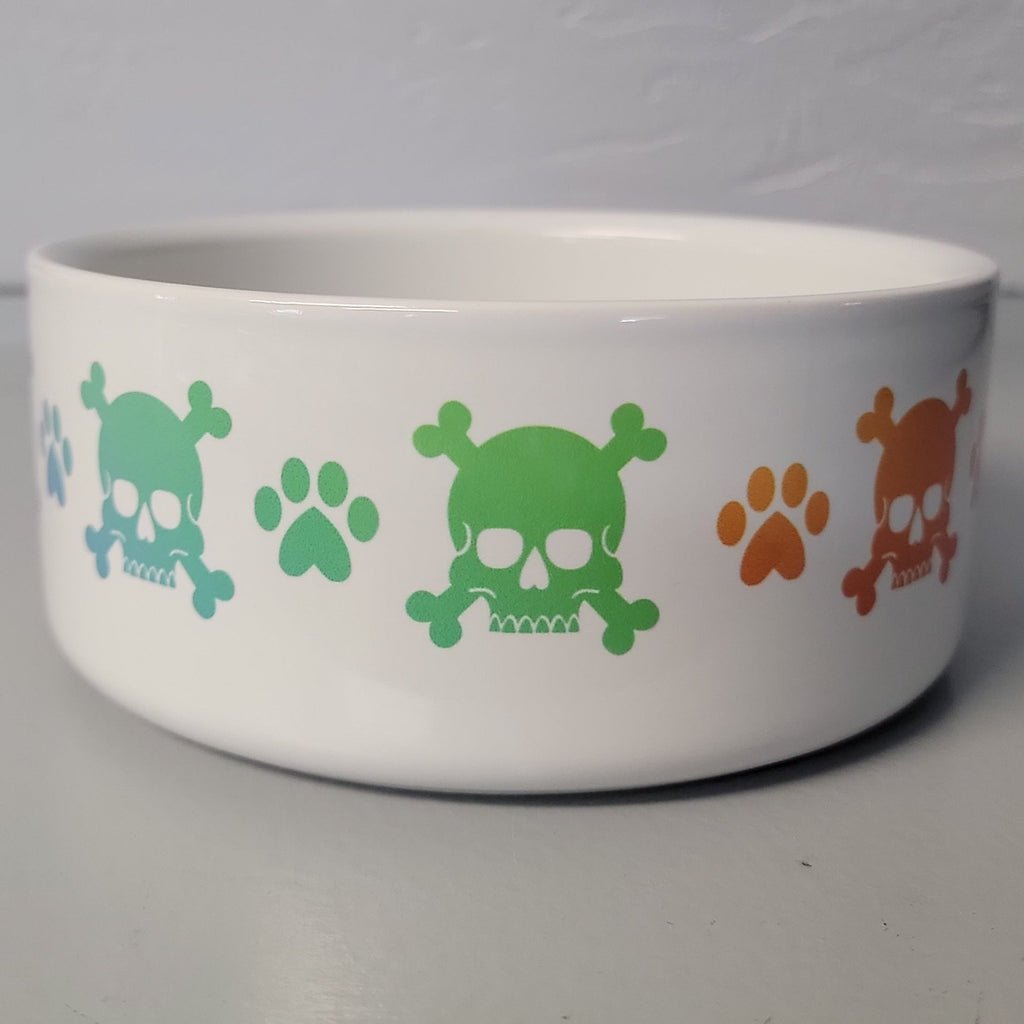 Rainbow skull and crossbones pet cat dog bowl pet supplies alternative pet supplies gothic pet supplies skull pet items