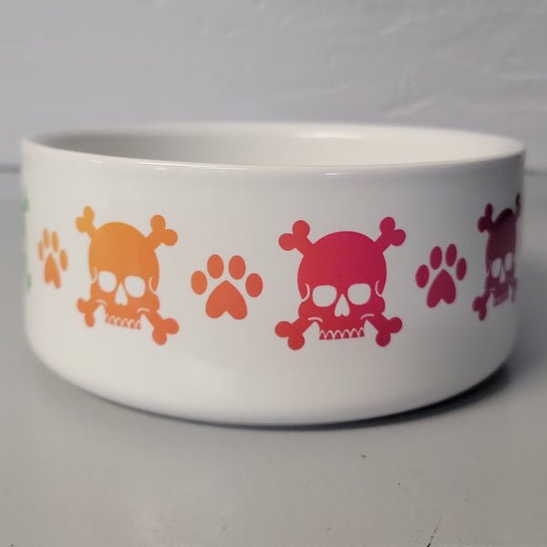 Rainbow skull and crossbones pet cat dog bowl pet supplies alternative pet supplies gothic pet supplies skull pet items
