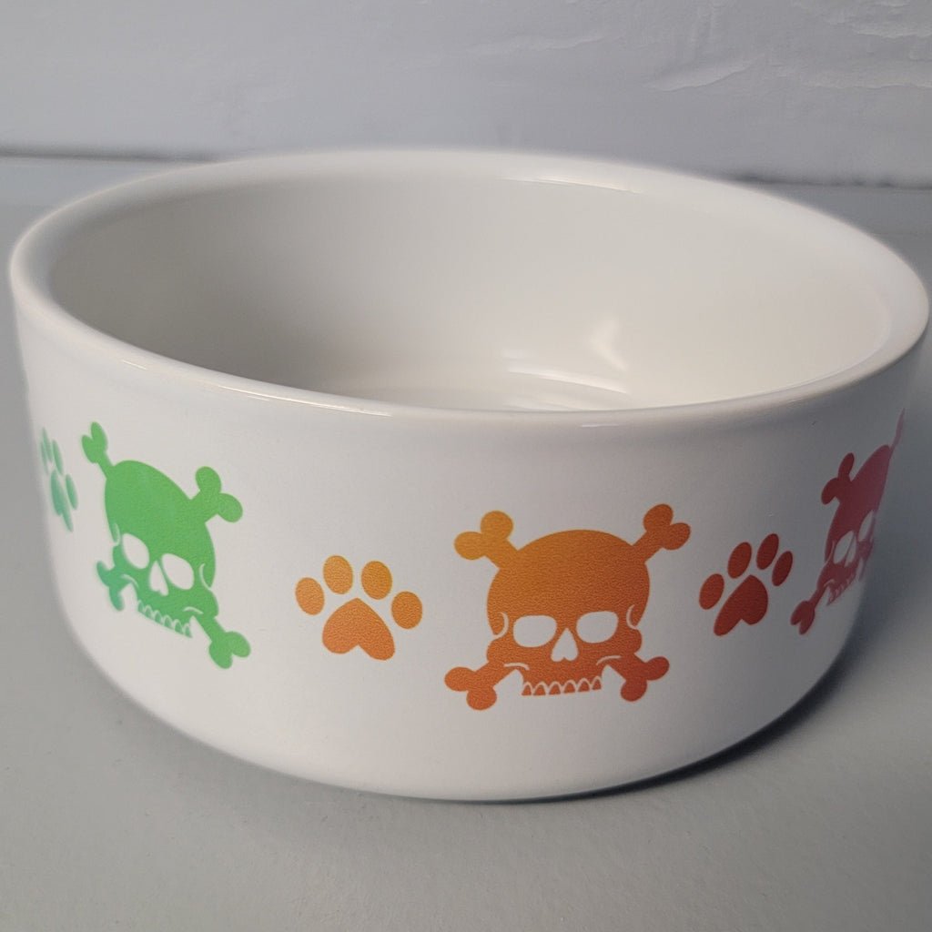 Rainbow skull and crossbones pet cat dog bowl pet supplies alternative pet supplies gothic pet supplies skull pet items